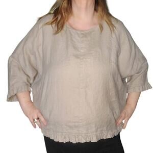 For Cynthia Woman Size 3X Linen Ruffle Hem Boxy Tan Top Minimal Lagenlook FLAW